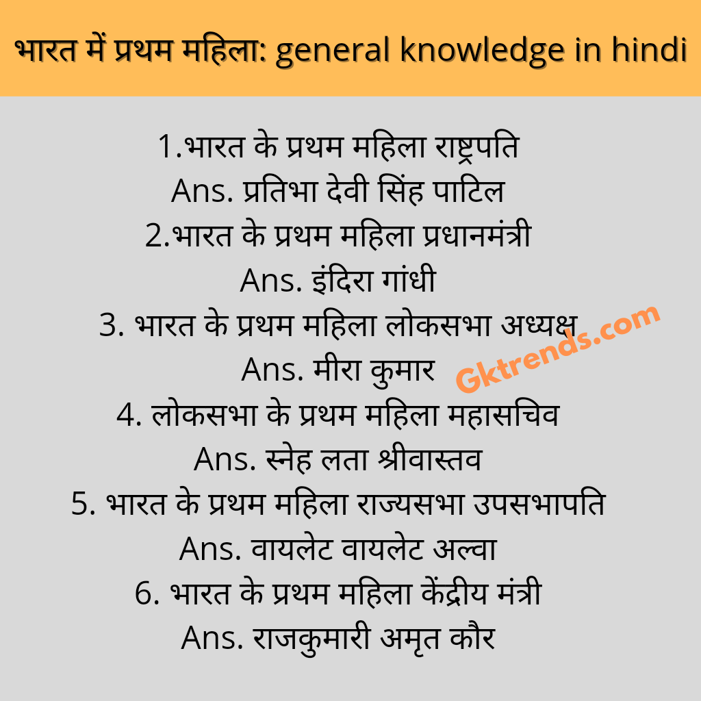 भारत में प्रथम महिला: general knowledge Questions in hindi | gk Questions with answer